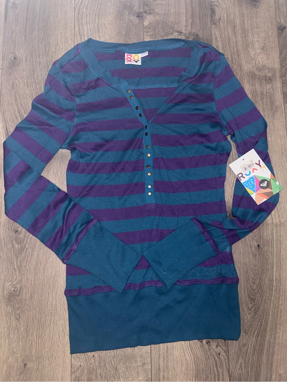 Roxy Teal and Purple Striped Long Sleeve Henley Top - Picture 2 of 12